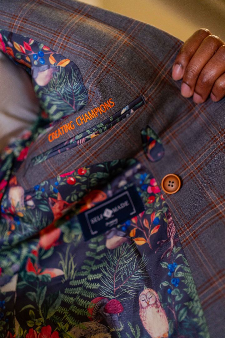 Close-up of a checked jacket with a colorful floral lining