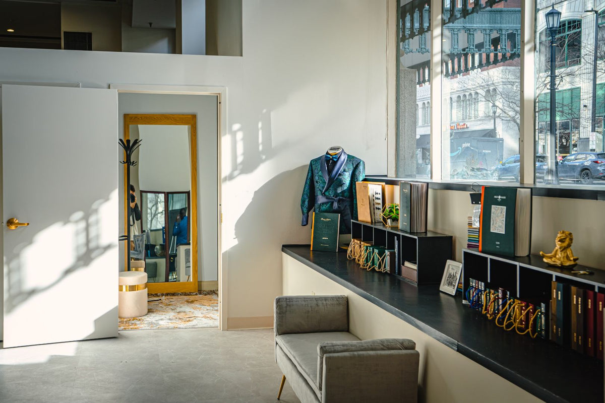 Interior of a showroom with fabric books and seating