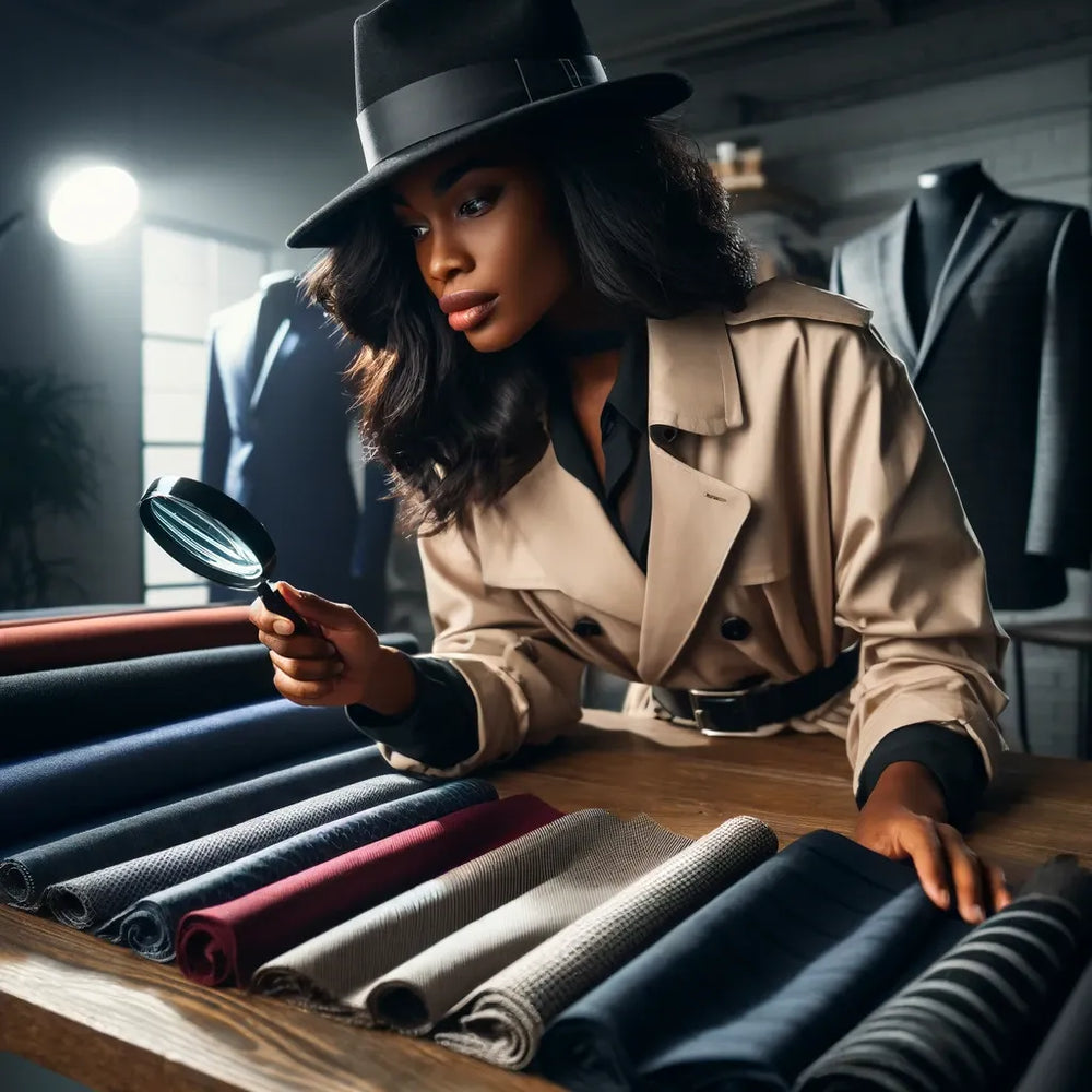 Person in a hat reviewing fabric rolls