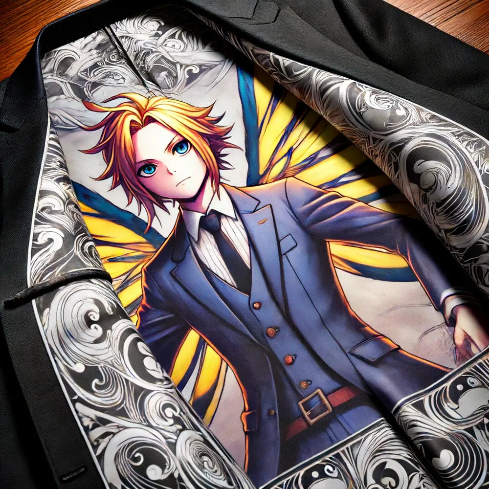 Illustrated character artwork displayed inside a jacket lining