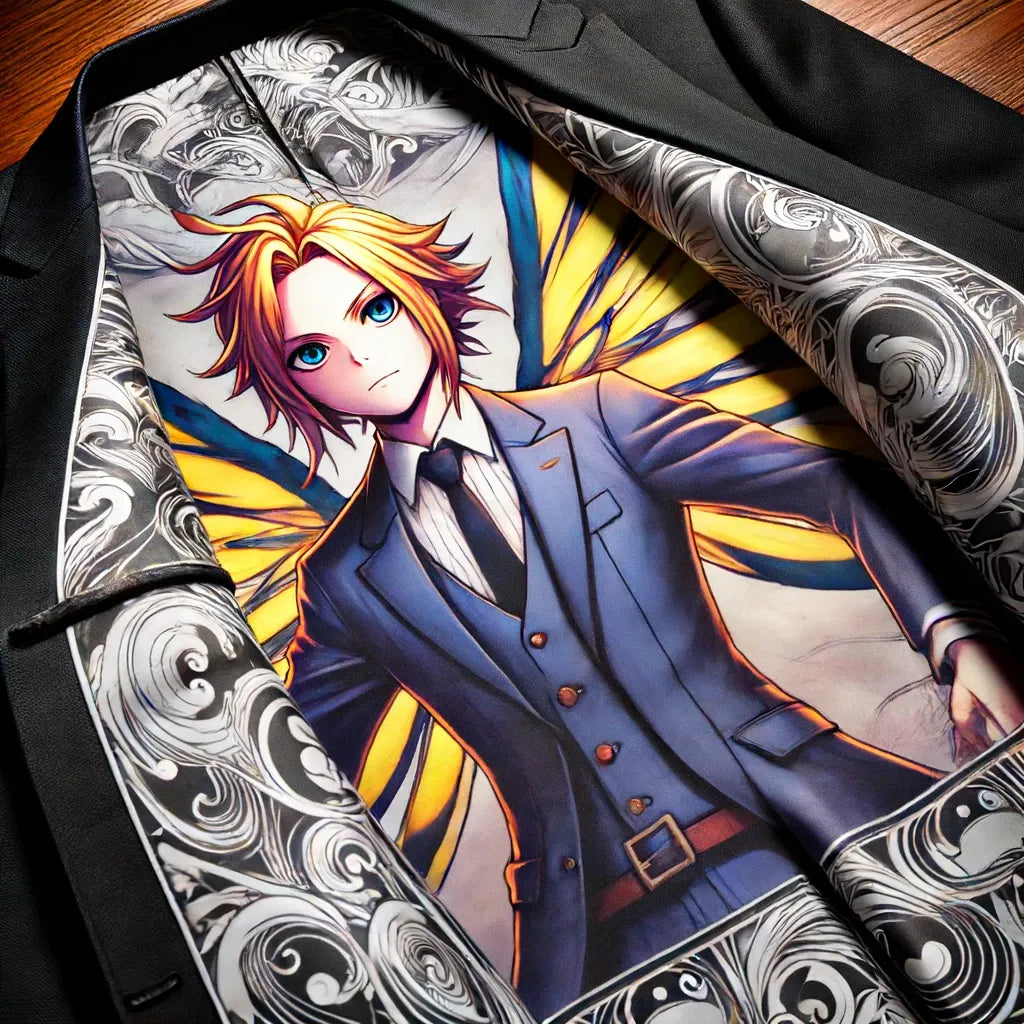 Illustrated character artwork displayed inside a jacket lining