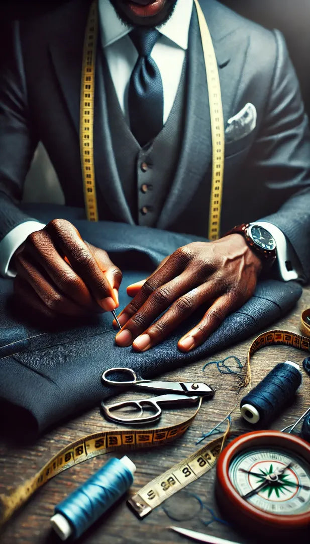 Tailoring tools, measuring tape and fabric on a worktable
