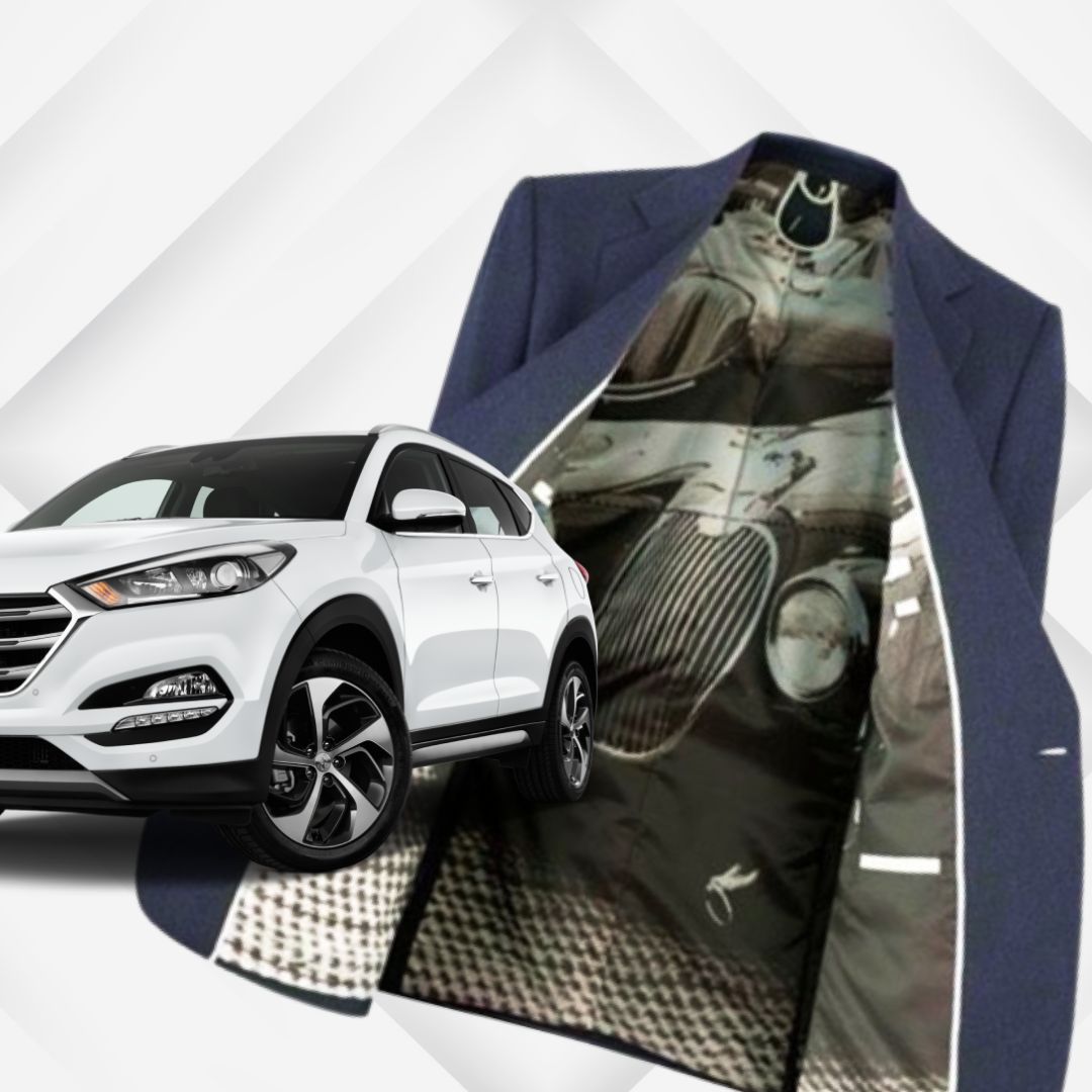 Collage of a white car, clothing accessories and an illustrated jacket lining